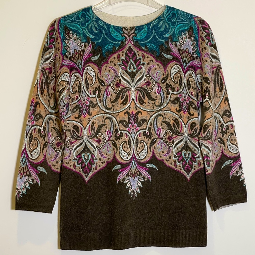Gorgeous 100% Cashmere Women's Teal & Brown Patterned Crewneck Sweater small